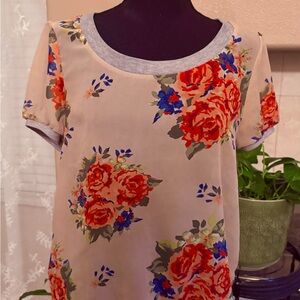 Sheer Cream and Red Floral Short Sleeve Blouse